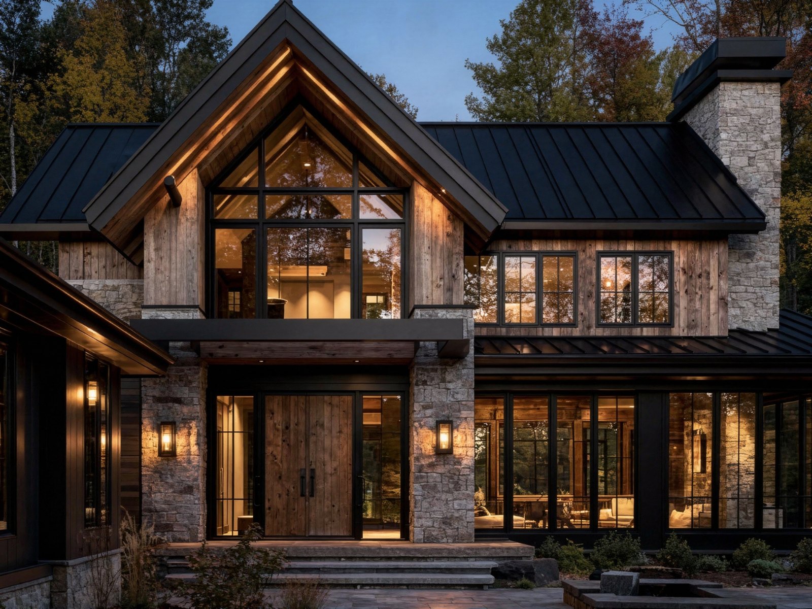Stone, timber and standing-seam house at dusk