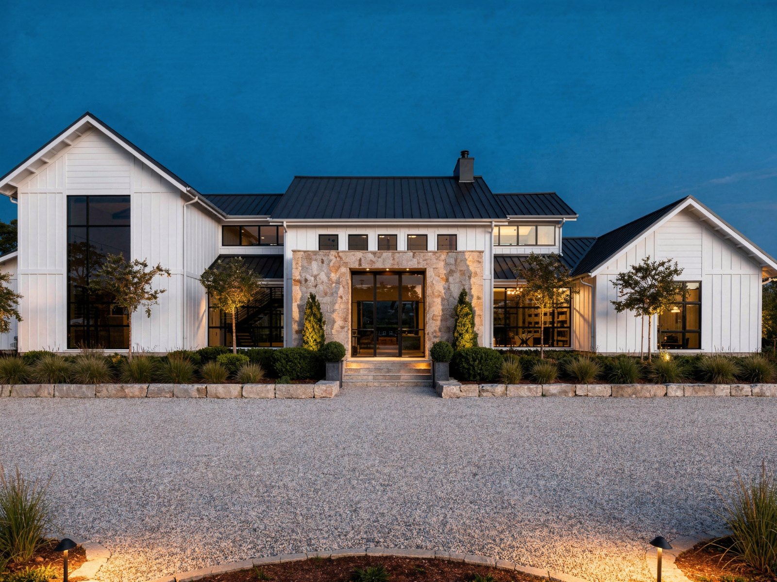 White board-and-batten modern farmhouse at dusk
