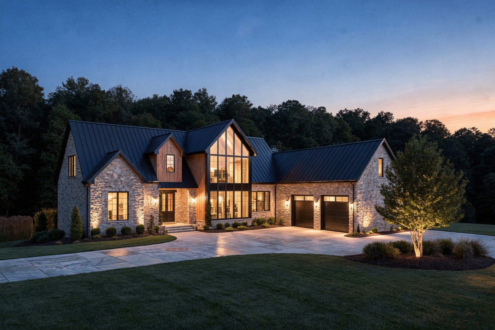 Artist's concept: front elevation at blue hour with the windows lit