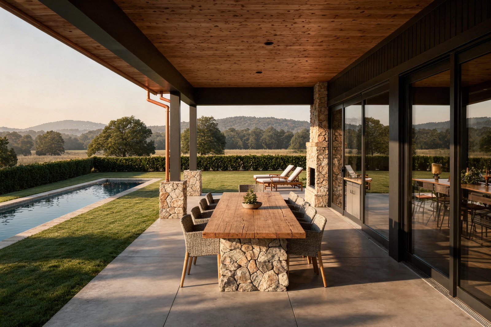 Artist's concept: covered outdoor room and pool looking out to the hills