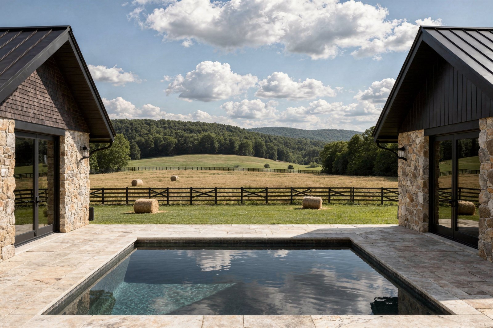 Artist's concept: pool terrace framed between two wings looking to the fence and hay field