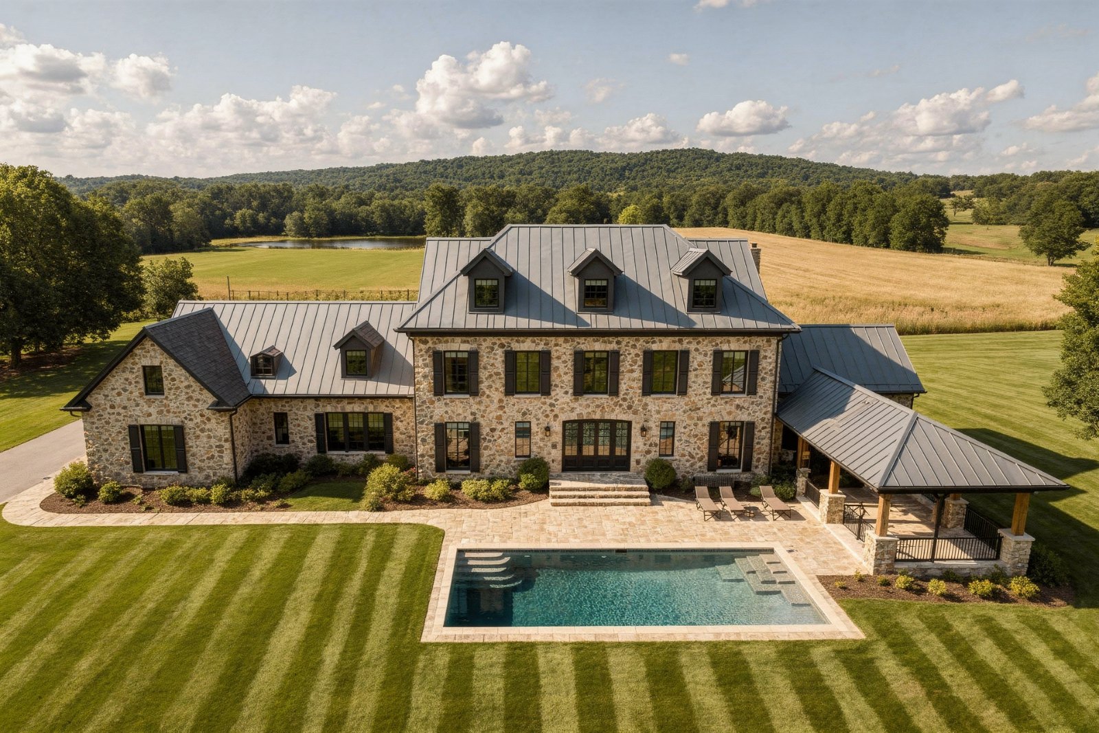 Artist's concept: a two-storey fieldstone manor from the rear lawn