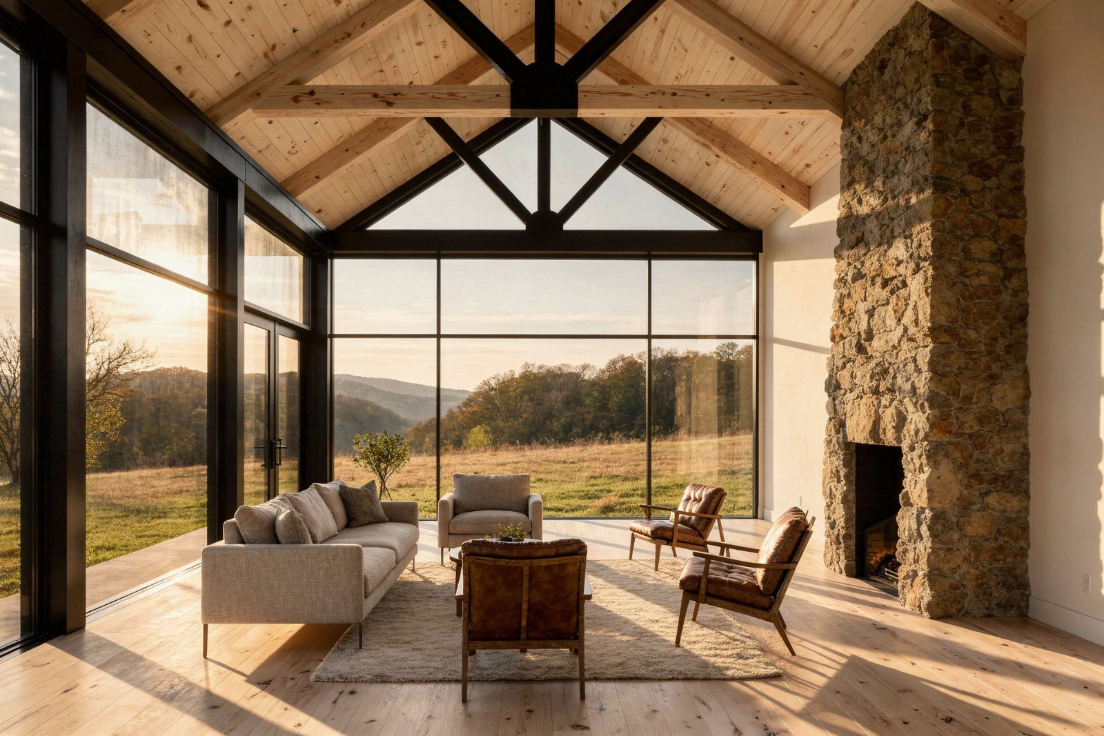 Artist's concept: great room with oak trusses and a steel window wall to the meadow