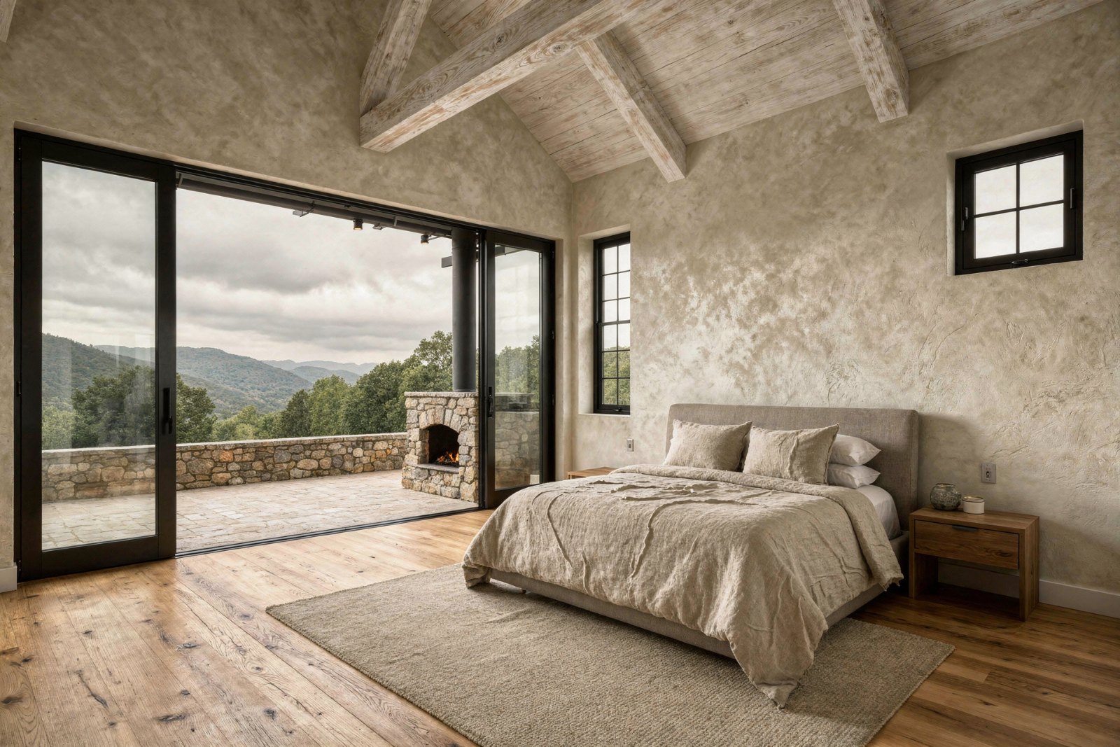 Artist's concept: primary suite opening to a stone terrace over the hills